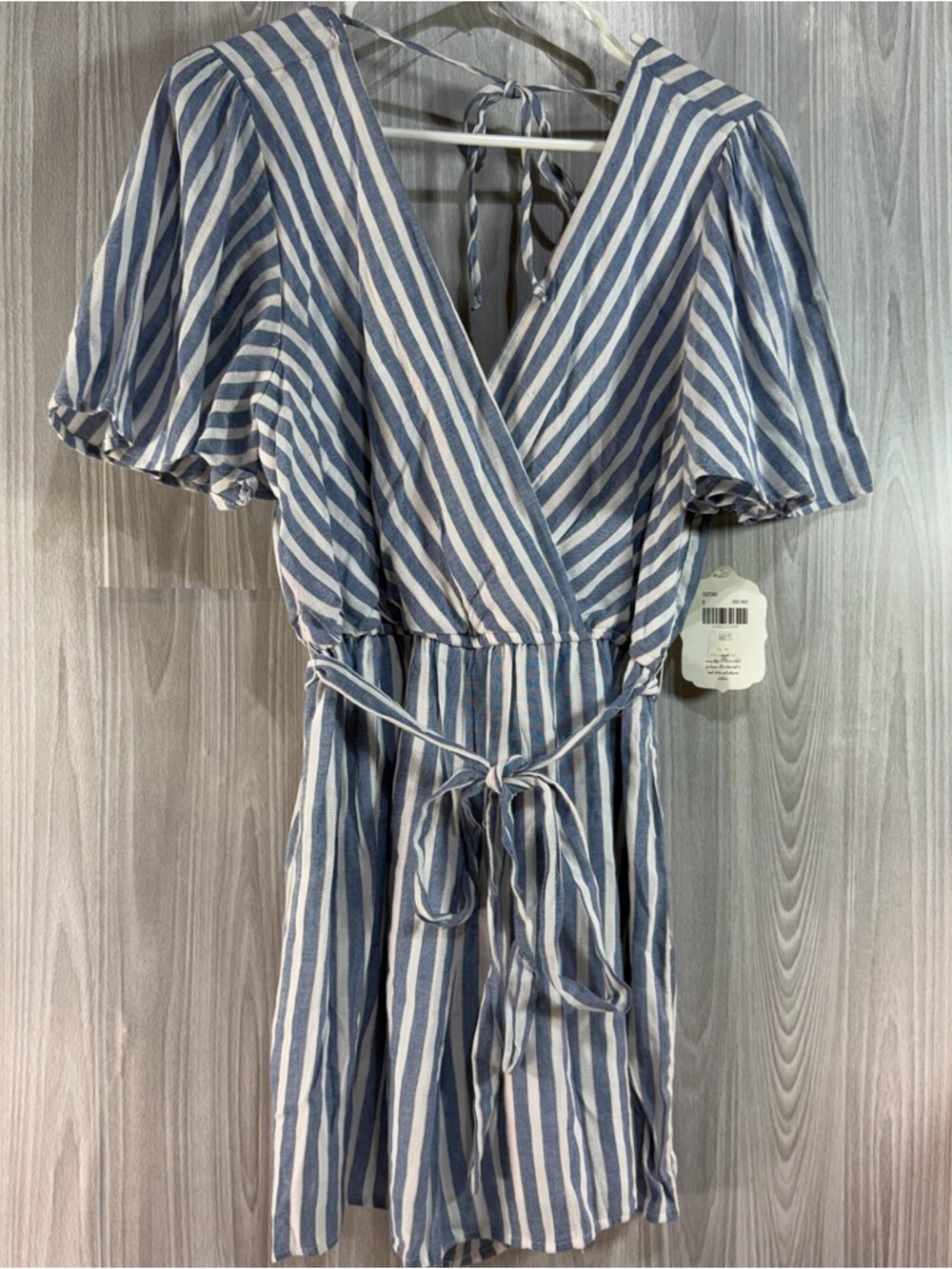 Altar’d State Blue‎ Striped Belted Short Sleeve Tie Back Faux Wrap Romper XL